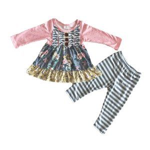 Pink Grey Strip Ruffle Front Pants top set